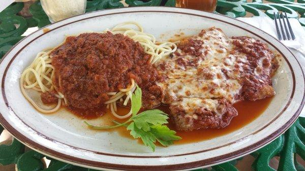 Eggplant Parmesan and spaghetti daily special lunch. Economical & tasty!