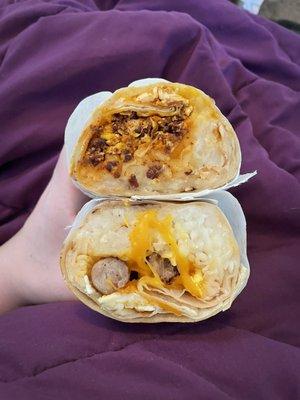 Chorizo burrito (top) and hash brown aka sausage burrito (bottom).  Disappointing.