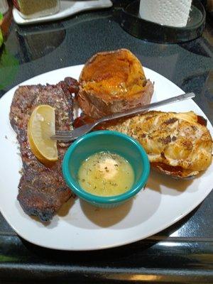 New York strip lobster tail and sweet potato