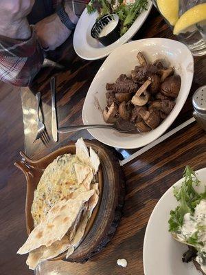 Appetizers- Spinach dip, beef tips with mushrooms