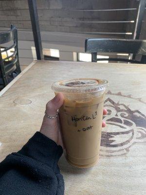 Iced oat milk latte with honey & cinnamon