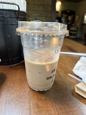 Almond Joy iced latte with x-shot and 1/2 syrup.