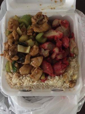 Teriyaki chicken, mushroom chicken and fried rice.