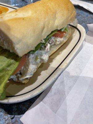 Chicken salad sandwich on a baguette