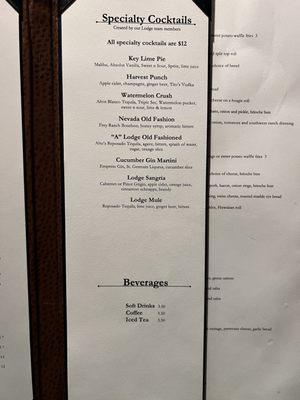 Menu - Specialty Cocktails and Beverages