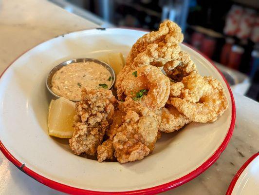 December 2, 2023; Mixed Fried Seafood (Oysters, Catfish, Shrimp) with Remoulade ($18).