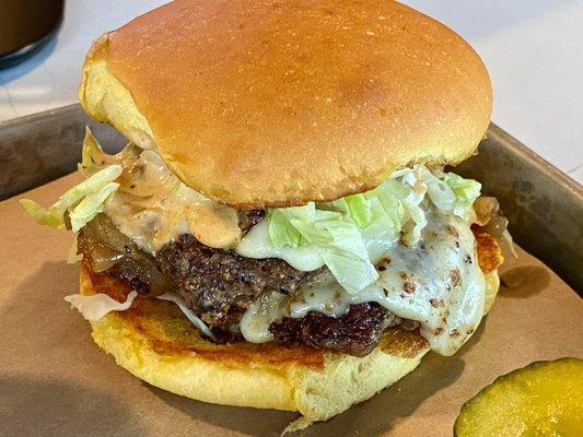 Big Daddy Burger: 2 beef Pattie's, griddled & mustard slathered, caramelized onions, cooper sharp, shaved lettuce, special sauce