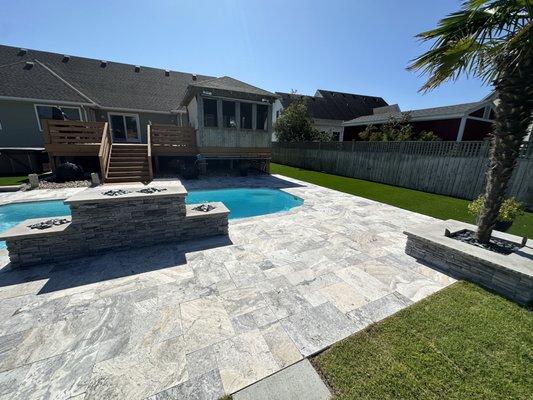 Renovation of backyard. New artificial turf, pool patio, waterfall, sod and irrigation renovation.