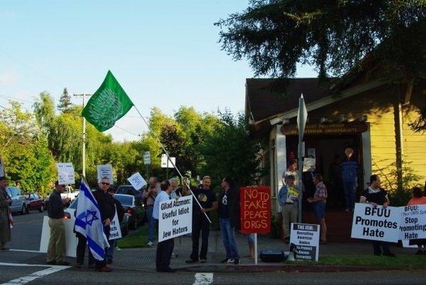 The flag of the Hamas terror organization flies over the Berkeley  fellowship of Unitarian Universalists