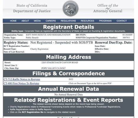 Soft Paws Rescue has a suspended license as a state sanctioned nonprofit