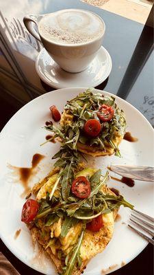 Avocado/Arugula/Egg on Ciabatta Bread and Cardamom Latte.