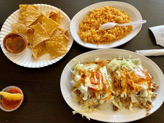 2 chicken sopes w/rice and chips and salsa