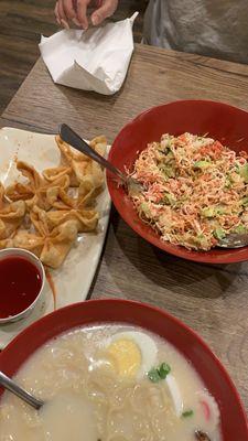 Spicy Tuna Tower, (We had Mixed together) Crab Rangoons, Chasu Ramen