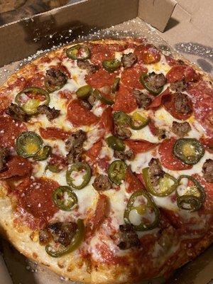 Pepperoni, sausage, jalapeño euphoria!