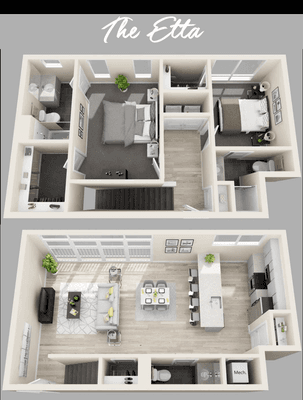 The Etta floorplan is our 2 bedroom townhome with 2.5 bathrooms.