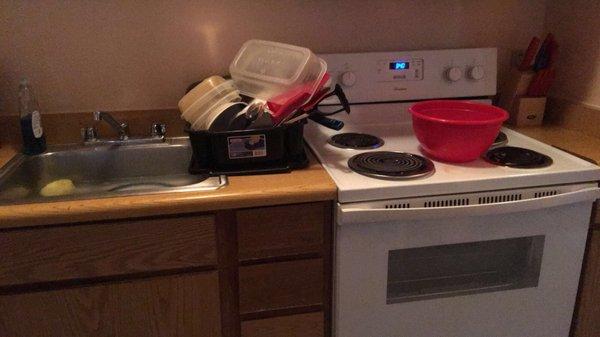 Barely any counter top space. Limited storage space. Couldn't fit all dishes in cabinets. Especially mixing bowls.