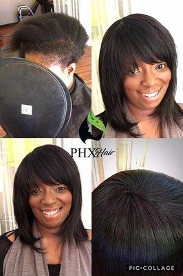 Full sew-in weave on African American hair.