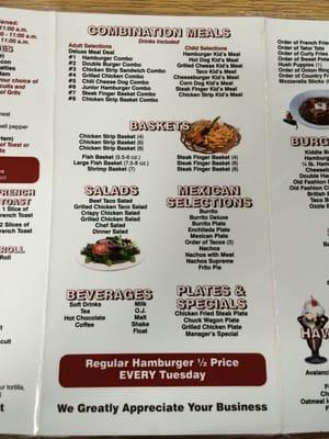 Menu: Combo meals, baskets, salads, Mexican food, beverages, plates & specials