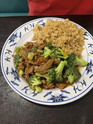 Beef and broccoli with fried rice