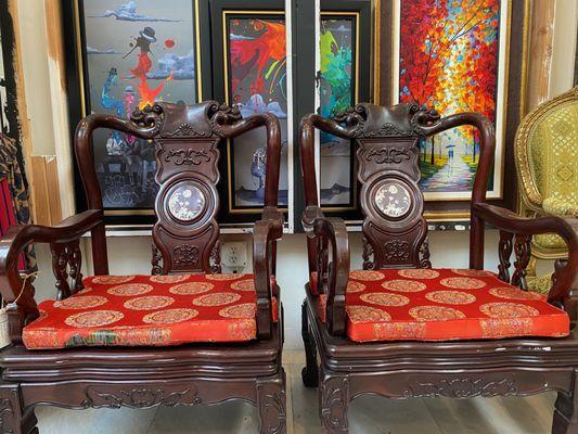 Antique Chine Throne Chairs Mercanti Showroom Vallejo 710 Marin Street Fine Art Kre8 Furniture Mahogany Mother of Pearly Inlay Handcarved