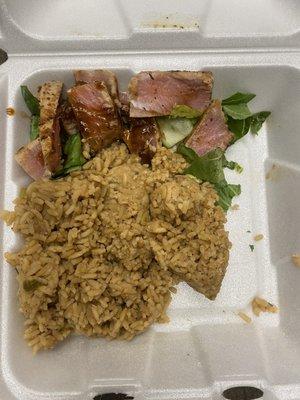 Described as "Sesame crusted tuna steak" and jambalaya