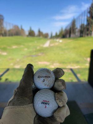 one large bucket of range ball,  yields 2 unmarked playing balls! Sweet!