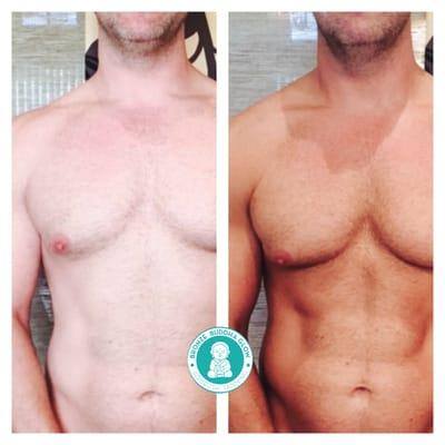 A before/after photo of a client who "feels healthier with some color." His abs & muscles are also well defined with a tan.