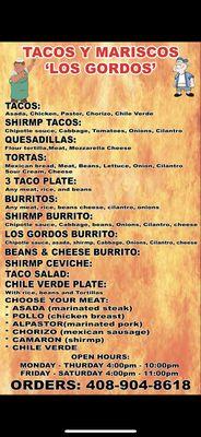 This our menu !! "Los Gordos Tacos y mariscos "