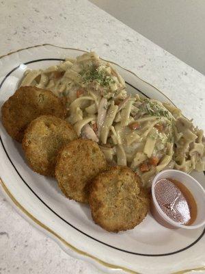 Chicken and Noodles over Mashed Potatoes with Fried Green Tomatoes.