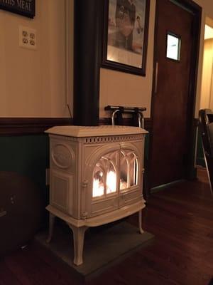 Wood stove in dining room