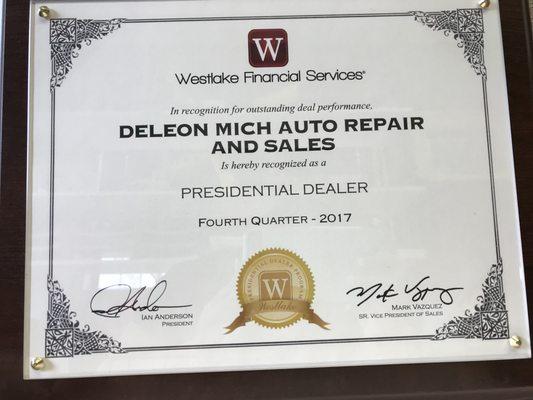 Presidential dealer award from  Westlake Financial services!!! We offer financing to customers from the lowest down payment $1995!