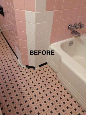 Before tile repair & refinishing. We also installed new floors for this customer! We got rid of the 70s colors to a new modern looking bath!