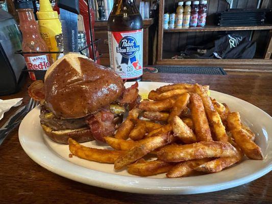 Bourbon Burger and seasoned fries.