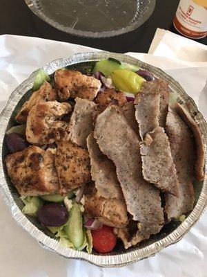 Half gyro half chicken slouvaki Greek salad