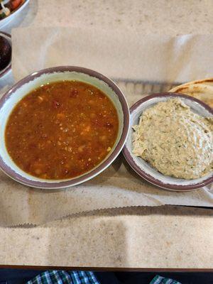 Lentil soup and babaganouj