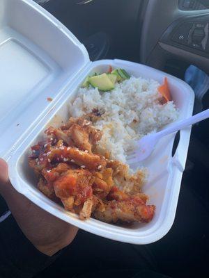 Spicy teriyaki with rice. And all I got to say is YUM!