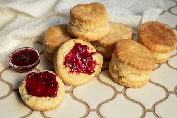 Fresh hot biscuits with strawberry jam. Join us for breakfast!