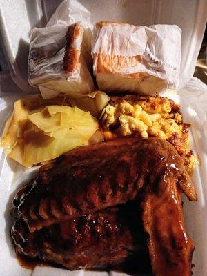 BBQ Turkey Wing Platters with Cabbage, Mac & Cheese and Cornbread.