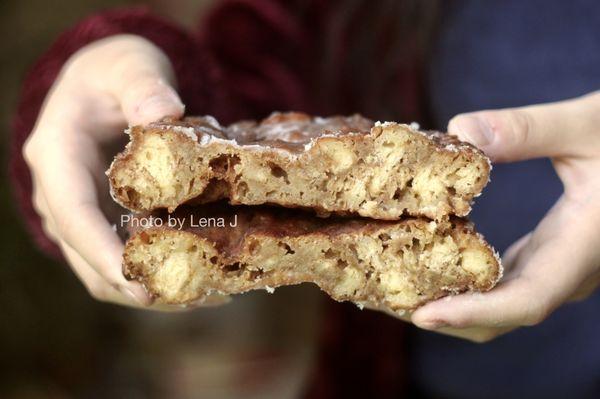 Inside of Apple Fritter - not too sweet other than the glaze, nice and crispy w apple pieces