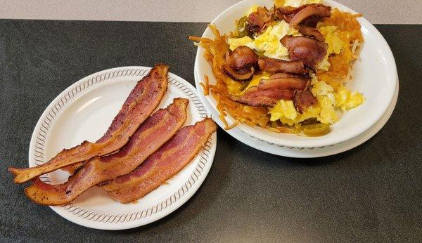 Bacon, egg and cheese hashbrown bowl (with my bacon from the 2 egg breakfast)