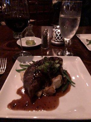 Grilled steak,Demi-glaze with blue cheese mashed potatoes (was to be rare).