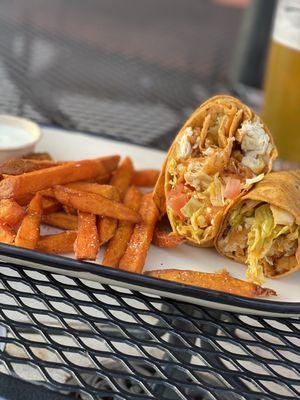 Buffalo Chicken Wrap with sweet potato fries