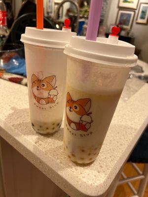 Mango milk tea with passion fruit popping boba and tapioca boba!!