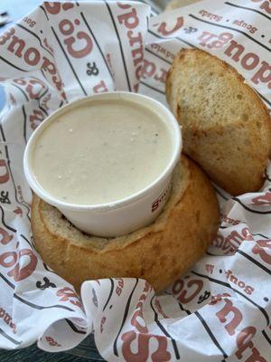 Sourdough bread bowl with clam chowder