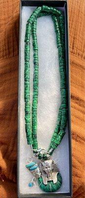 25 inch synthetic malachite men's chain that I made for charms brought back from Egypt. Originally they were on a dog chain.