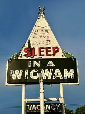 Classic Neon sign- the 'bigwam' center building isn't an operating restaurant anymore- restoration is ongoing.