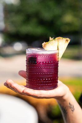 Purple Smoke: mezcal, tequila, hibiscus, pineapple, lime