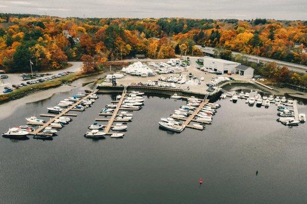 Fall foliage surrounding the Yarmouth Boat Yard marina