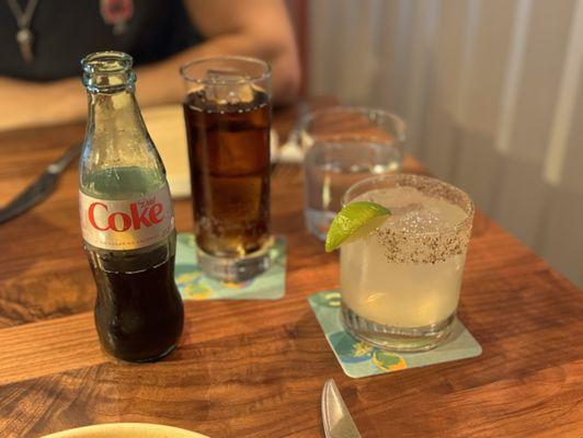 Margarita with gusano salt, and Diet Coke, served by the bottle