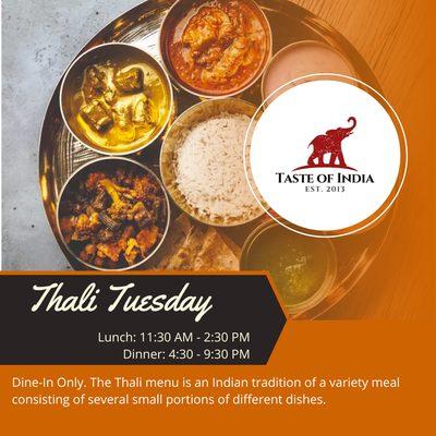 Thalis are back!! Join us every Tuesday for lunch and dinner to try variety of dishes in a small portion plate